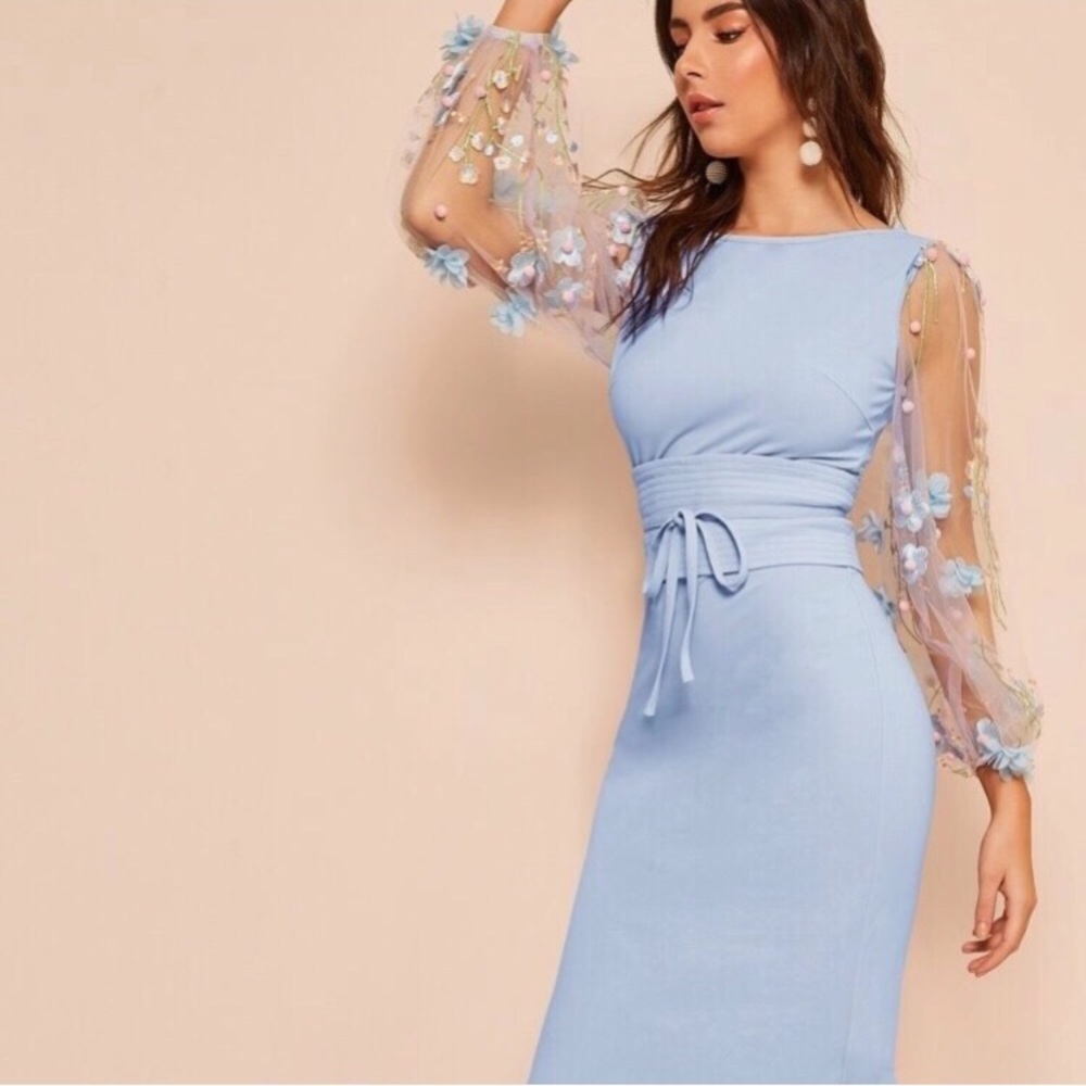 New Floral Sheer Puffy Sleeve Spring Dress - Picture 5 of 8